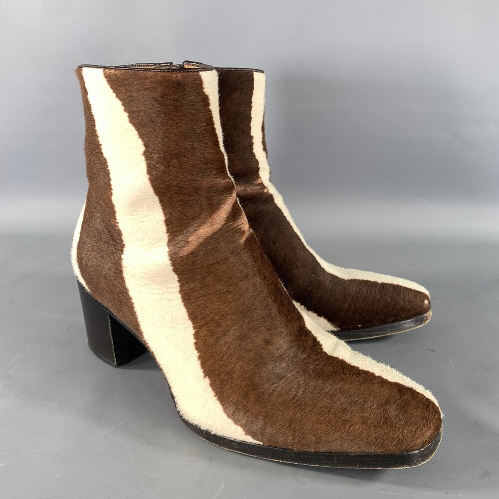 LOUBOUTIN Size 9 Brown Cream Stripe Leather Zip up heel Boots